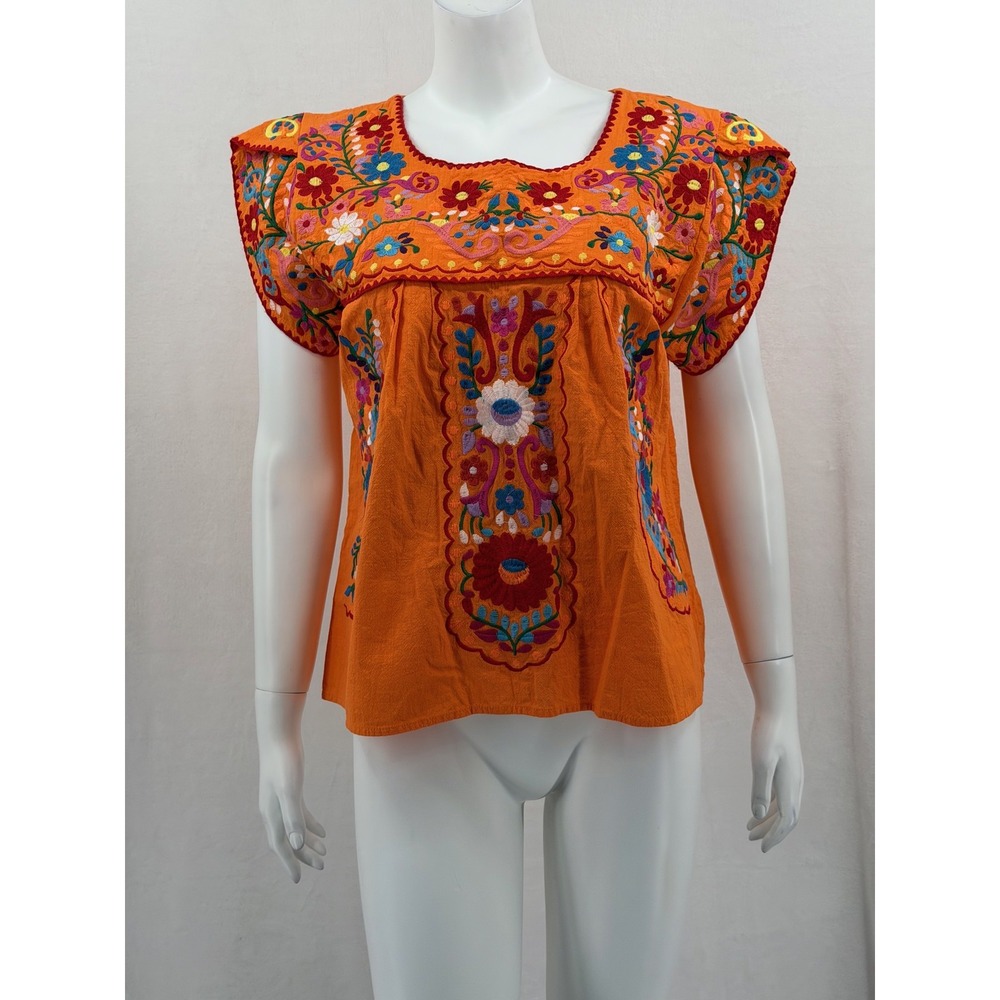 YZXDORWJ Top Womens Small Orange Floral Embroidered Boho Colorful Artsy Summer